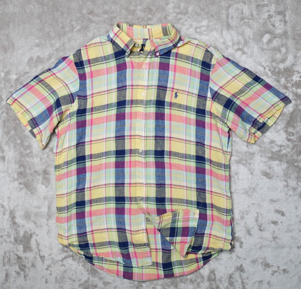 Ralph Lauren Yellow Blue Red Green Plaid Linen Short Sleeve Shirt Mens Size L